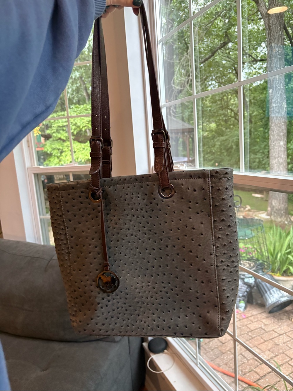 Women’s Gray Faux-Ostrich Tote with Dark Brown Straps